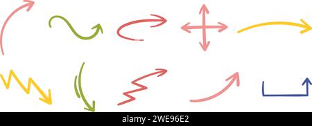 Flèches d'accentuation à main levée, tourbillons et griffons dessinés à la main. Parfait pour mettre en évidence le texte et ajouter Flair artistique aux présentations et graphiques éducatifs. Illustration de Vecteur