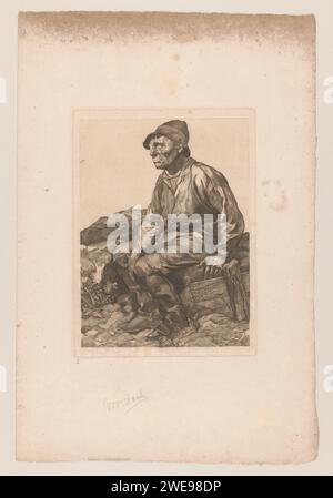 Travailleur au repos, Johannes Josephus Aarts, 1881 - 1934 imprimer Un travailleur, habillé en combinaison, chapeau et bottes, assis hors assis. papier. classe ouvrière de gravure au crayon, ouvriers. Repos - BB - hors des portes Banque D'Images