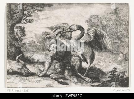 Wolf et Kraanvogel, Anonyme, d'après Abraham Bloteling, 1655 - 1740 imprimer Une grue enlève un os du cou d'un loup avec son bec. Le loup avait pris un mouton et en le mangeant il était resté un os dans son cou. Cette performance illustre une histoire tirée des fables d'Aesopus. Pays-Bas (peut-être) papier gravure bêtes de proies, animaux prédateurs : loup. Fables d'Esop : utilisez 85(...). oiseaux de rivage et échassiers : grue Banque D'Images