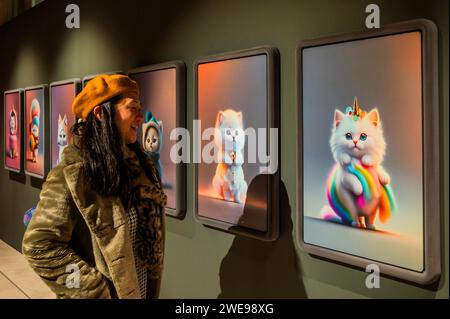 Londres, Royaume-Uni. 24 janvier 2024. Playing Dress-Up with ai, 2023, par Graffic Thought Facility -CUTE at Somerset House examine le pouvoir de la mignonne, avec des œuvres de plus de 50 artistes et contributeurs. Coïncidant avec le 50e anniversaire de Hello Kitty, l'exposition comprend de nouvelles commandes d'artistes et des phénomènes culturels, tels que la musique, la mode, les jouets et les jeux vidéo. Il dure du 25 janvier au 14 avril 2024. Crédit : Guy Bell/Alamy Live News Banque D'Images