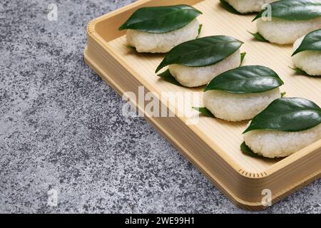 Tsubaki Mochi est la plus ancienne sucrerie du Japon. Un gâteau de riz gluant rempli de pâte de haricots sucrée est pris en sandwich entre deux feuilles de camélia fraîches. Banque D'Images