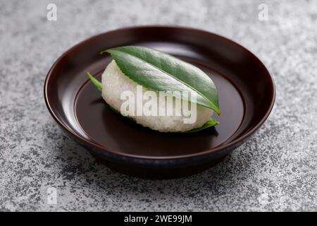 Tsubaki Mochi est la plus ancienne sucrerie du Japon. Un gâteau de riz gluant rempli de pâte de haricots sucrée est pris en sandwich entre deux feuilles de camélia fraîches. Banque D'Images