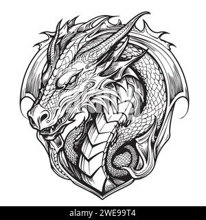 Image vectorielle d'un bouclier héraldique avec un dragon, dragon héraldique avec des ailes regardant vers le centre sur un fond blanc. Armoiries, héraldique, emblème, symbole. Dessin au trait Illustration de Vecteur