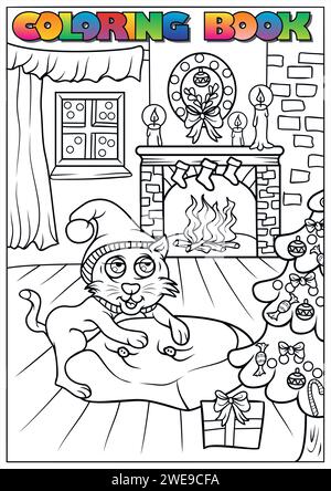 Livre de coloriage d'hiver pour enfants - chat grimpant près de l'arbre de Noël Illustration de Vecteur