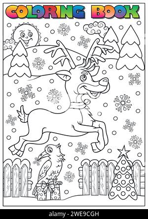 coloriage d'hiver pour enfants - renne et un oiseau dans un paysage enneigé Illustration de Vecteur