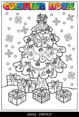 Livre de coloriage d'hiver pour enfants - arbre de Noël avec des cadeaux Illustration de Vecteur