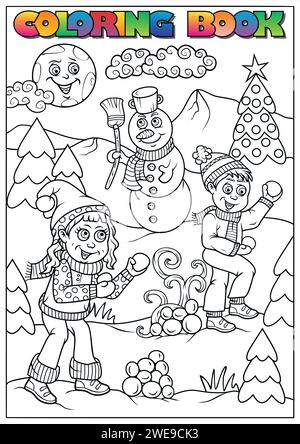 livre de coloriage d'hiver pour enfants - les enfants construisent un bonhomme de neige et s'amusent Illustration de Vecteur