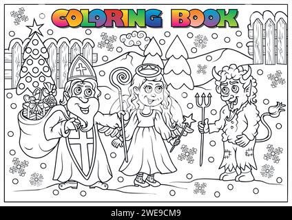 Livre de coloriage d'hiver pour enfants - Père Noël, diable et ange Illustration de Vecteur