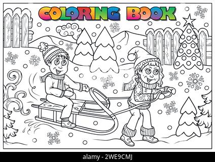 livre de coloriage d'hiver pour enfants - les enfants font de la luge Illustration de Vecteur