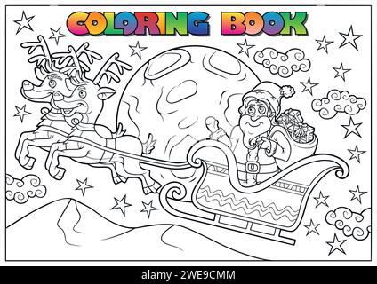 Livre de coloriage d'hiver pour enfants - Père Noël sur un traîneau avec des rennes et la lune Illustration de Vecteur