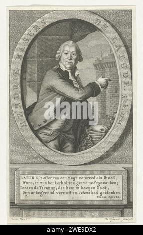 Portrait de Jean Henri Latude, Carel Jacob de Huyser, d'après Vestier, 1763 - 1804 tirage Portrait de Jean Henri Latude à moitié pointant à travers une fenêtre vers un château avec une fenêtre. Portrait dans une liste ovale de bord, sous un verset de quatre lignes en néerlandais. Amsterdam gravure sur papier / gravure Banque D'Images