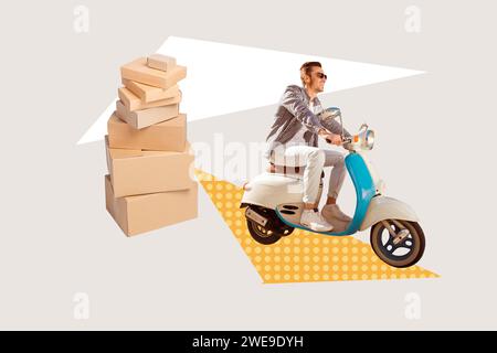 Collage affiche créative illustration image sourire excité jeune homme livrer boîte courrier express mailman fond blanc exclusif Banque D'Images