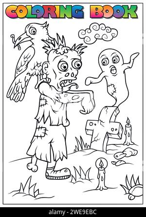 Livre de coloriage pour enfants pour Halloween, momie, crâne, tombe, citrouille, chauve-souris, lune, nuage - thème Halloween Illustration de Vecteur