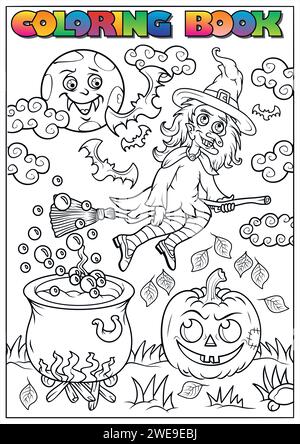 Livre de coloriage pour enfants pour Halloween, momie, crâne, tombe, citrouille, chauve-souris, lune, nuage - thème Halloween Illustration de Vecteur