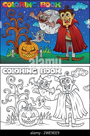 Livre de coloriage pour enfants pour Halloween, momie, crâne, tombe, citrouille, chauve-souris, lune, nuage - thème Halloween Illustration de Vecteur