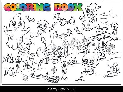 Livre de coloriage pour enfants pour Halloween, momie, crâne, tombe, citrouille, chauve-souris, lune, nuage - thème Halloween Illustration de Vecteur