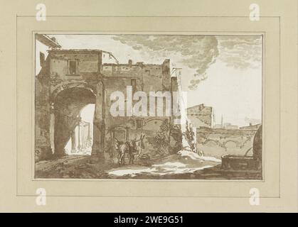 Poort avec voyageur et mulet, Cornelis Brouwer, Cornelis Ploos van Amstel, d'après Thomas Wijck, 1781 - 1782 estampe à une porte il y a un homme et une mulet. A droite une source d'eau. gravure de papier vue sur la ville, et paysage avec des constructions artificielles. mule Banque D'Images