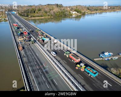 Manifestation de fermiers bloquant l'autoroute A63 (Viaduc Hubert Touya, Bayonne (64100), Pyrénées-Atlantiques (64), Nouvelle Aquitaine, France). Ce mardi 23 janvier 2024, à partir de 6 heures du matin, les agriculteurs des Pyrénées-Atlantiques, à l’appel de la FDSEA 64 et des jeunes agriculteurs, ont organisé des points de blocage aux échangeurs de Bayonne. La circulation est interrompue ce mardi sur cette portion de l’autoroute par des manifestants déterminés. Les manifestations agricoles sont un signe de la crise à laquelle est confronté le secteur agricole en France et en Europe. Banque D'Images