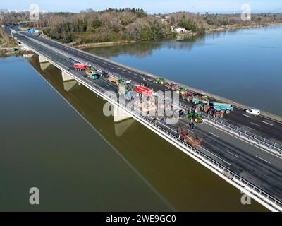 Manifestation de fermiers bloquant l'autoroute A63 (Viaduc Hubert Touya, Bayonne (64100), Pyrénées-Atlantiques (64), Nouvelle Aquitaine, France). Ce mardi 23 janvier 2024, à partir de 6 heures du matin, les agriculteurs des Pyrénées-Atlantiques, à l’appel de la FDSEA 64 et des jeunes agriculteurs, ont organisé des points de blocage aux échangeurs de Bayonne. La circulation est interrompue ce mardi sur cette portion de l’autoroute par des manifestants déterminés. Les manifestations agricoles sont un signe de la crise à laquelle est confronté le secteur agricole en France et en Europe. Banque D'Images