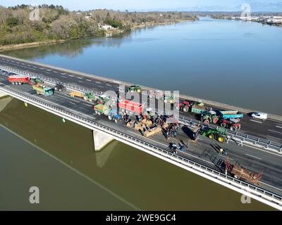 Manifestation de fermiers bloquant l'autoroute A63 (Viaduc Hubert Touya, Bayonne (64100), Pyrénées-Atlantiques (64), Nouvelle Aquitaine, France). Ce mardi 23 janvier 2024, à partir de 6 heures du matin, les agriculteurs des Pyrénées-Atlantiques, à l’appel de la FDSEA 64 et des jeunes agriculteurs, ont organisé des points de blocage aux échangeurs de Bayonne. La circulation est interrompue ce mardi sur cette portion de l’autoroute par des manifestants déterminés. Les manifestations agricoles sont un signe de la crise à laquelle est confronté le secteur agricole en France et en Europe. Banque D'Images