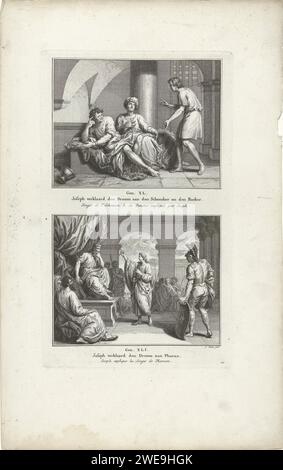 Jozef explique le rêve du donateur et boulanger Enjozef explique le rêve du Pharaon, Simon Fokke, 1791 imprimer deux représentations bibliques de Gen. 40 et 41. Numéroté ci-dessous : 20. Amsterdam papier gravure Joseph interprétant les rêves du majordome et du boulanger (les deux rêves combinés). Les rêves de Pharaon interprétés (Genèse 41:1-36) Banque D'Images