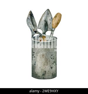 Outils de jardin aquarelle dans une boîte métallique. Pelle, ciseaux de jardin en vieux verre métallique vintage pour boutique florale, jardinage, conception de graines. Clipart. Banque D'Images