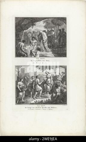 Funérailles de Sara et le serviteur d'Abraham parle avec Rebekka, Simon Fokke, 1791 imprimer deux représentations bibliques de Gen. 23 et 24. Numéroté ci-dessous : 13. Papier Amsterdam gravure de l'enterrement de Sarah dans la grotte de Machpelah. Rebekah (Rebecca) recherché en mariage (Genèse 24) Banque D'Images