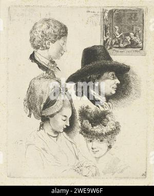 Feuille d'étude avec des portraits de Louis Bernard Coclers et de sa famille, Louis Bernard Coclers, tirage 1780 Portrait buste de Louis Bernard Coclers avec chapeau noir à droite. Buste portrait de son fils, en haut à gauche, et de sa nièce, en bas à gauche. En bas à droite un buste portrait de sa sœur avec un chapeau panache. En haut à droite une image d'une impression qu'il a faite avec un magasin de poulaillers. Leiden papier gravure de l'artiste et sa famille, parents, etc (+ portrait, autoportrait de l'artiste). impression, par exemple : gravure, gravure, lithographie Banque D'Images