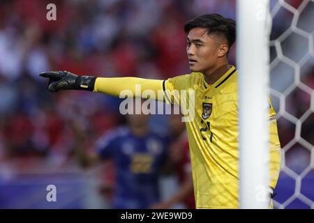 Doha, Qatar. 24 janvier 2024. DOHA, QATAR - 24 JANVIER : le gardien de but de l'Indonésie Ernando Ari lors du match du groupe D de la coupe d'Asie de l'AFC entre le Japon et l'Indonésie au stade Al Thumama le 24 janvier 2024 à Doha, Qatar. Crédit : Sebo47/Alamy Live News Banque D'Images