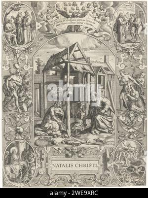 Naissance du Christ : Noël, Johann Sadeler (I), d'après Marcus Gheeraerts (I), 1560 - 1600 print Maria et Joseph agenouillés au Christ à de Kribbe ; derrière eux le boeuf et l'âne, dans une étable au toit battue. Dans la liste d'ornement avec les bergers à gauche, les femmes qui viennent adorer l'enfant. Dans les quatre coins scènes du Nouveau Testament à Ovalen. Au milieu des choeurs d'anges à un fanion sur lequel le texte latin : Vera ... Canunt. Gravure sur papier inconnue Marie, Joseph et le nouveau-né Christ (Nativité). Noël (fête ecclésiastique). outils, aides, instruments  artisanat et industri Banque D'Images
