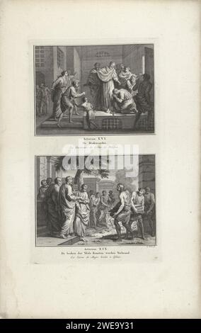 Conversion du gardien de bâton et livres magiques à Éphèse brûlé, Simon Fokke, 1791 imprimer deux représentations bibliques de la main. 16 et 19. Numéroté ci-dessous : 45. Paul et Silas enseignent la parole de Dieu au gardien, qui s'agenouille devant eux. Les Éphésiens brûlent les livres des exorcistes en public Banque D'Images
