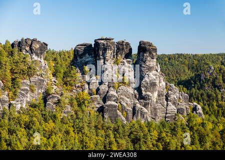 Deutschland, Sachsen, Sandsteinformation in der Sächsischen Schweiz, Elbsandsteingebirge, Banque D'Images