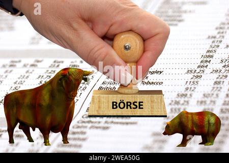 Bulle und Bär auf einer liste mit Aktien, Stempel, Börse, Banque D'Images