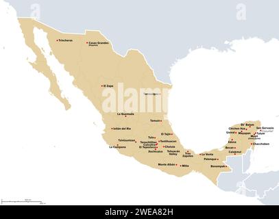 Mexique, sites archéologiques les plus importants, carte politique. Carte du Mexique avec les frontières de ses États actuels, et les lieux du Mexique précolombien. Banque D'Images