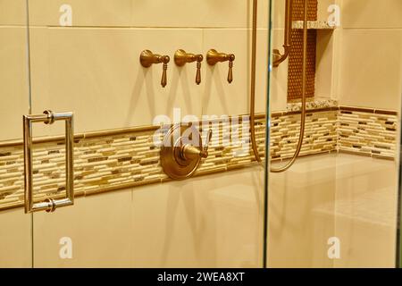 Salle de bains luxueuse avec douche en bronze et décoration mosaïque, vue à hauteur des yeux Banque D'Images