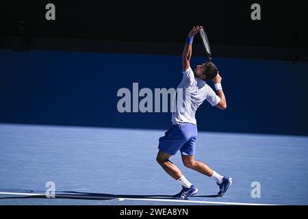 Novak Djokovic, de Serbie, participe au tournoi de tennis du Grand Chelem de l'Open d'Australie 2024 le 22 janvier 2024 au Melbourne Park de Melbourne, en Australie. Photo Victor Joly / DPPI Banque D'Images