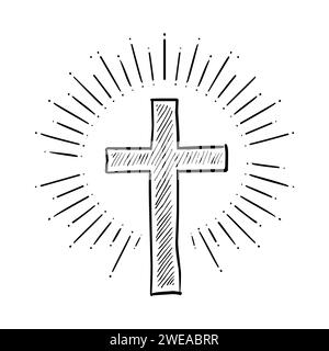 Christian Cross Sketch avec Sunburst Vector Illustration Illustration de Vecteur