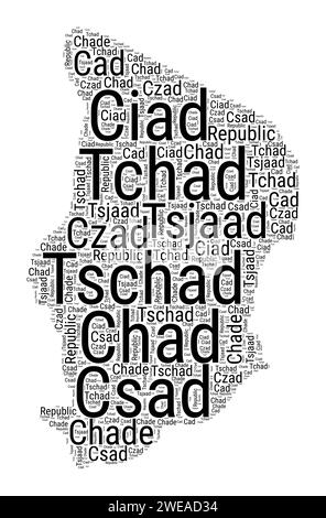 Mot nuage en noir et blanc en forme de Tchad. Illustration de pays de style typographique simple. Nuage de texte noir Tchad simple sur fond blanc. Vector illust Illustration de Vecteur