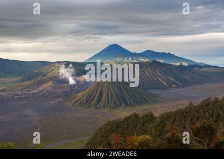Volcan Mont bromo (Gunung bromo) pendant le lever nuageux du soleil depuis le point de vue de Penanjakan. Paysage coloré de volcan. Banque D'Images