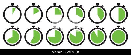 Icône de chronomètre en vert clair. Jeu de symboles de chronomètre. Collection d'icônes de minuterie définies en vert clair sur fond blanc. Horloge de compte à rebours. Illustration de Vecteur