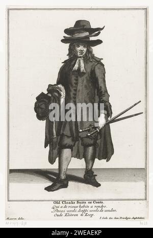 Vendeur de vêtements d'occasion, Jacob Gole, d'après John Savage, d'après Marcellus Laroon (I), 1688 - 1724 imprimer Vendeur de vêtements d'occasion. Sur sa tête trois chapeaux, foulards et chapeaux dans la main droite, deux épées dans la main gauche. L'estampe a une légende anglaise, française, italienne et néerlandaise et fait partie d'une série sur les vendeurs de rue à Londres. Après impression par : Londonpublisher : Amsterdam papier gravure / gravure tête-équipement : chapeau (+ vêtements pour hommes). 'cris de Paris', cris de Londres, etc. Commerçant, vendeur (avec NOM DE métier ou profession). chaussures, sandales (+ vêtements pour hommes) Banque D'Images