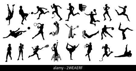 Silhouettes de différents hommes, femmes faisant du sport. Illustration de Vecteur