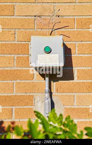 Boîtier de raccordement électrique vieilli sur mur de briques avec feuillage vert Banque D'Images