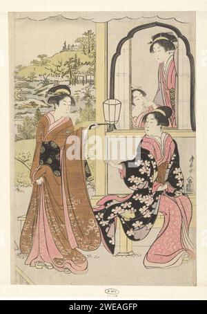 Quatre dames de cour écoutant le jeu de flûte de Yoshitsune, Torii Kiyonaga, 1793 - 1797 imprimer quatre femmes ; deux à l'intérieur derrière une fenêtre, la troisième assise sur le banc et la quatrième debout avec lanterne dans vos mains ; en arrière-plan un jardin japonais avec étang. Imprimeur : Japanpublisher : Tokyo paper cut dignitaire à la cour - BB - dignitaire féminin : lady-in-Waiting. lanterne Banque D'Images