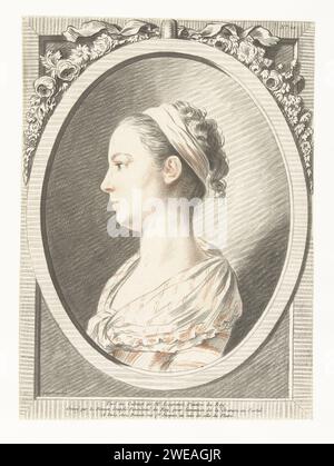 Buste d'une jeune femme, Louis Marin Bonnet, d'après Louis Jean François Lagrenée (I), 1773 - 1774 buste imprimé d'une femme avec un bandeau, décoré de fleurs dans un cadre ovale. Imprimeur : Francepublisher : Paris papier gravure adolescent, jeune femme, jeune fille (+ vue latérale, profil) Banque D'Images