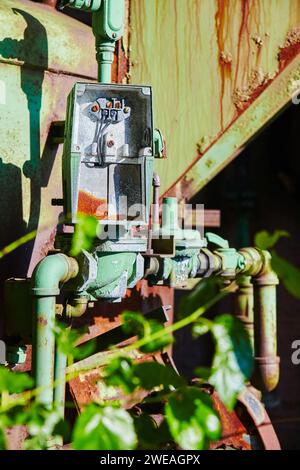 Boîtier de raccordement industriel vieilli et tuyaux avec détail de rouille, vue au niveau des yeux Banque D'Images