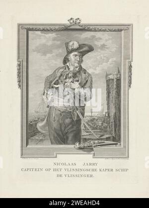 Portrait de Nicolas Jarry, Pieter Willem van Megen, d'après Jacob Perkois, 1782 tirage Portrait de Nicolas Jarry, pirate de l'air et capitaine, avec une corne de navire dans une main et un sabre dans l'autre main. Au bas de la liste se trouve un sextant. Deux navires en mer en arrière-plan. Quadrant de gravure / gravure sur papier de la Haye, sextant, octant (instruments nautiques) Banque D'Images