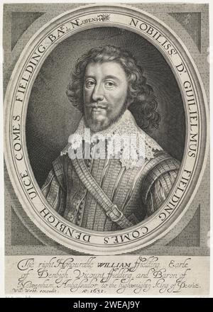 Portrait de William Fielding, 1e comte de Denbigh, Robert van Voerst, d'après Balthazar Gerbier d'Ouvilly, tirage de 1631 Portrait de l'officier de mer anglais William Fielding, 1e comte de Denbigh. Gravure sur papier londonienne Banque D'Images