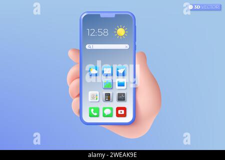 3d main tenant le symbole de l'icône du téléphone portable. Smartphone réaliste avec écran vide, maquette de téléphone. Concept de modèle mobile d'appareil modifiable. iso vectoriel 3D. Illustration de Vecteur
