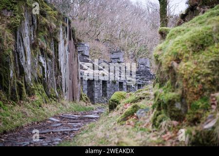 Anglesey Barracks ancien logement de Quarrymen à Dinorwic Slate Quarry, Dinorwig, Snowdonia, North Wales, Royaume-Uni. Banque D'Images